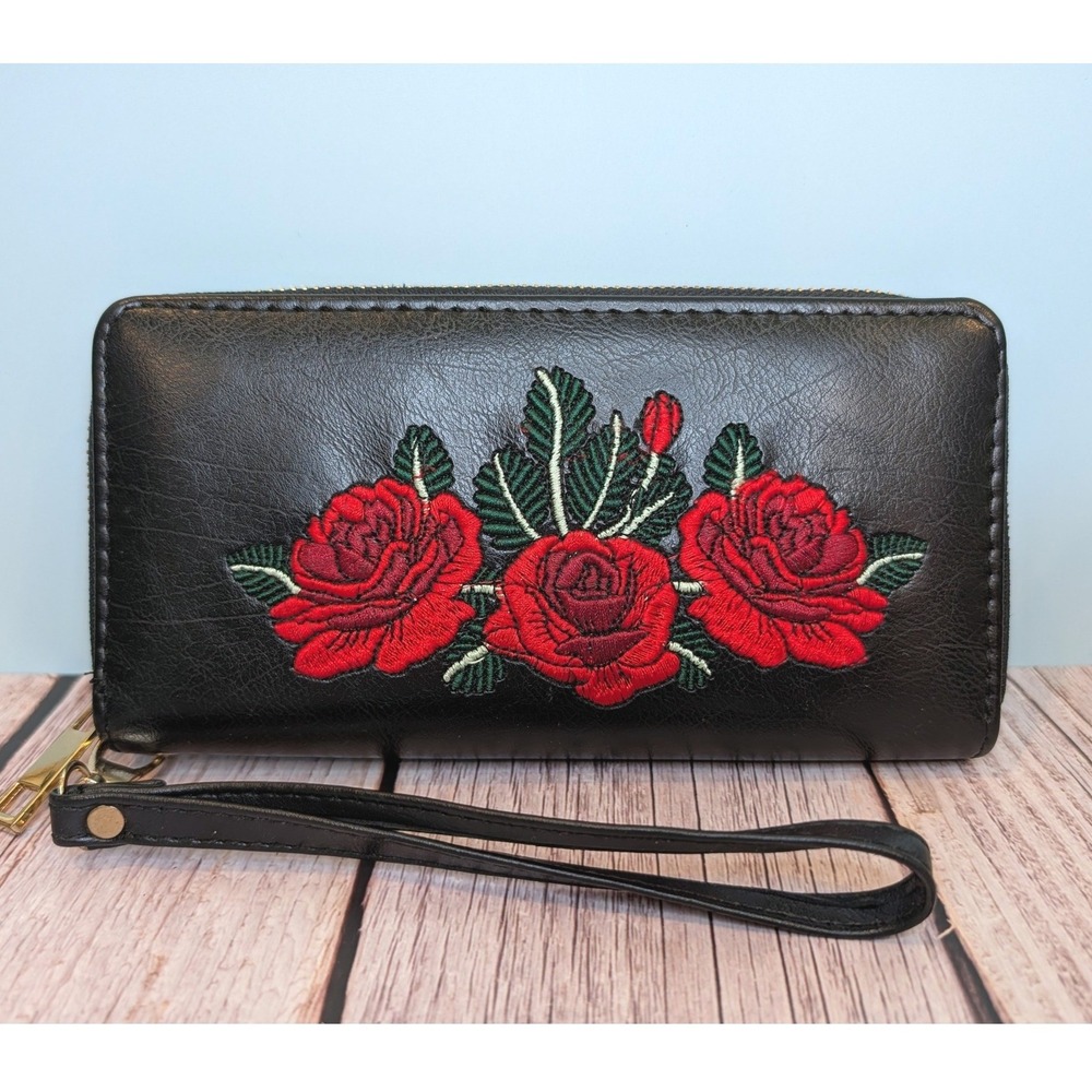 Embroidered Rose Black Pleather Wristlet Wallet